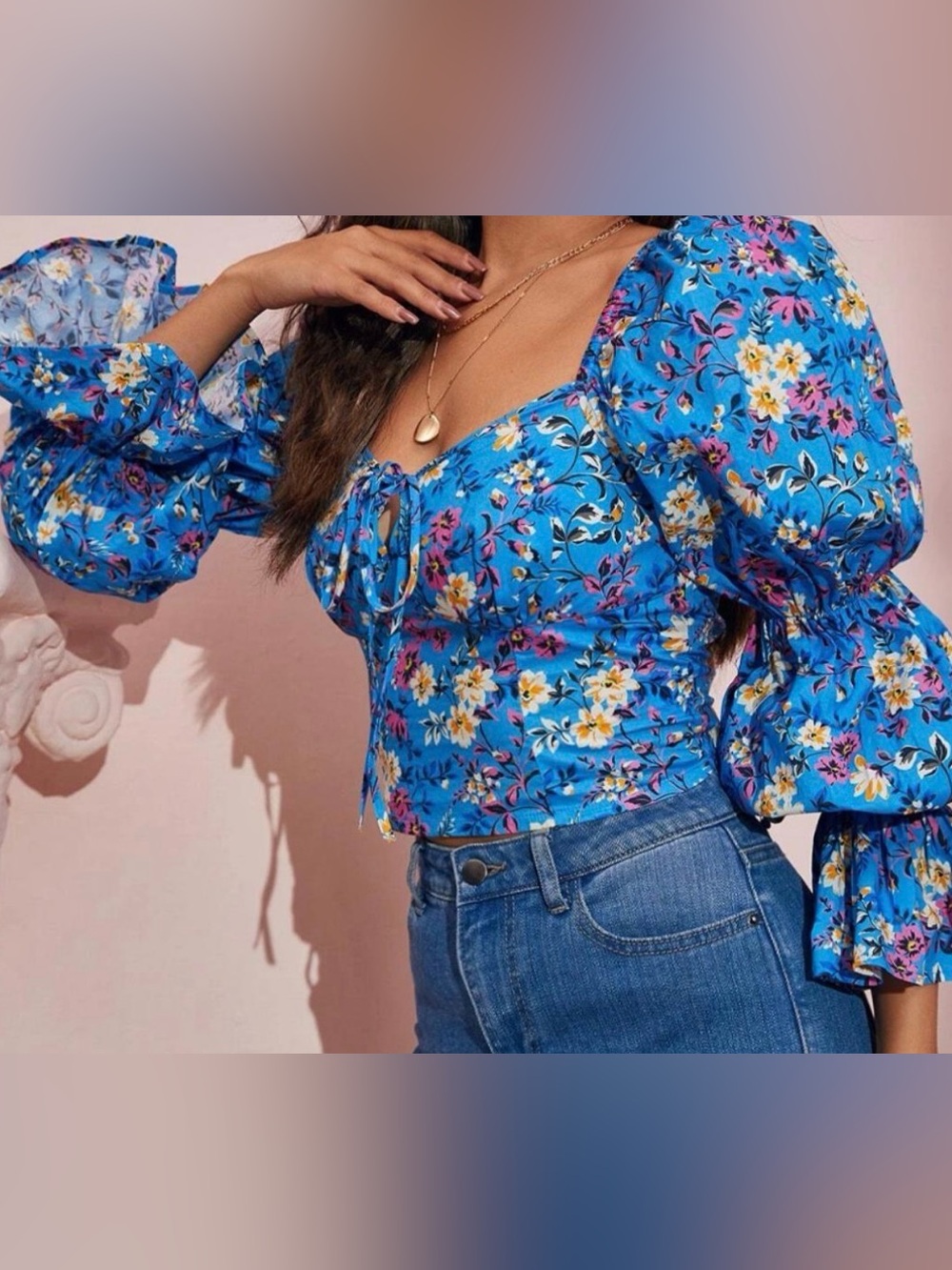 Boohoo Bright Blue Floral Tie-Front Puff Sleeve Top